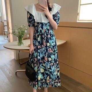 Short-sleeve Square Neck Floral Midi A-line Dress Floral - Navy Blue - One Size