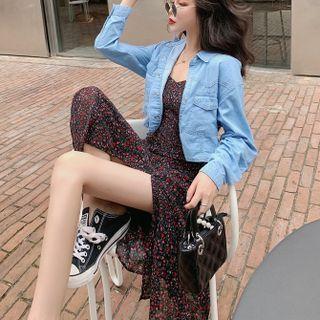 Long-sleeve Denim Blouse / Sleeveless Side-slit Floral Dress