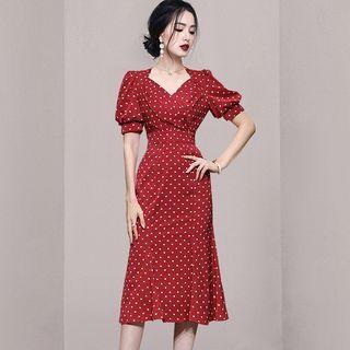 Puff-sleeve Heart Print Midi Mermaid Dress