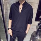 Split-neck Elbow-sleeve Shirt