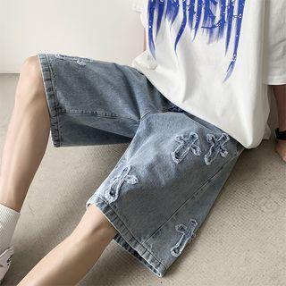 Crisscross Embroidered Denim Shorts