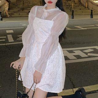 Long-sleeve Sheer Top / Spaghetti Strap Mini A-line Dress