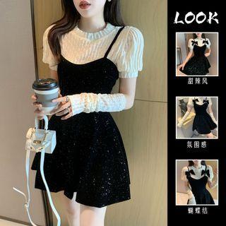 Short-sleeve Top / Arm Sleeves / Spaghetti Strap Velvet Dress