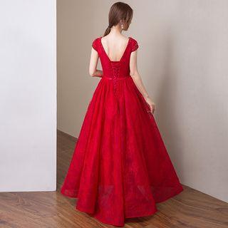 Cap Sleeve Beaded Evening Gown