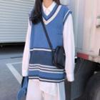 Long-sleeve Asymmetrical Shirt / Color-block Knit Vest / Plain A-line Midi Skirt