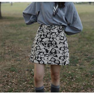 High Waist Printed Panda A-line Skirt