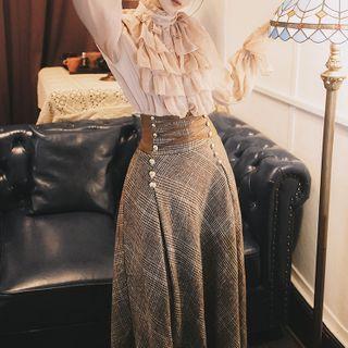 Set: Long-sleeve Ruffle Blouse + Plaid Midi A-line Skirt