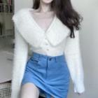 Collared V-neck Fluffy Cardigan Off-white - One Size