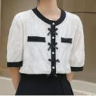 Short-sleeve Bow-accent Eyelet Lace Blouse