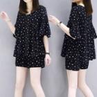 Set: Elbow-sleeve Dotted Blouse + Wide-leg Shorts