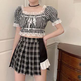 Gingham Puff-sleeve Cropped Blouse / Pleated Mini A-line Skort