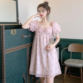 Print Square-neck Puff-sleeve Dress