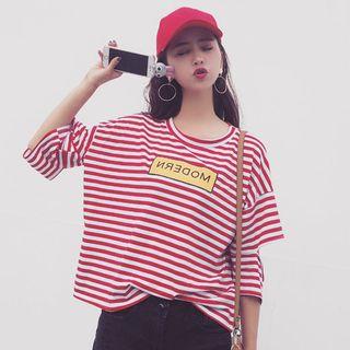 Striped Cut Out Detailed 3/4 Sleeve T-shirt