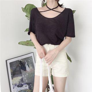 Short-sleeve Cross Strap Top Black - One Size