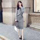 Set: Long-sleeve Pocket-accent Top + Plain Skirt