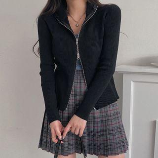 Mock-neck Zip-up Rib-knit Cardigan