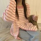 Striped Slit Sweater Stripe - Pink - One Size