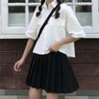Plain Elbow-sleeve Crop Shirt / Plain Pleated Skirt