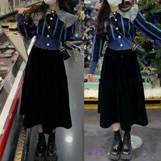 Collared Striped Cropped Cardigan / Midi A-line Skirt