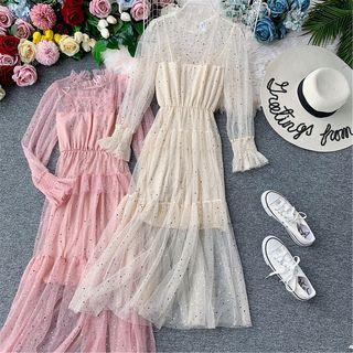 Set: Lace Camisole Top + Long-sleeve Midi Dress