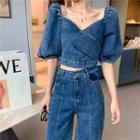 Puff-sleeve Denim Crop Top / Straight Leg Jeans