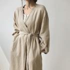 Linen Open-front Robe Jacket With Sash
