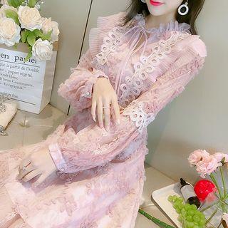 Long-sleeve Pleat-trim Midi A-line Lace Dress