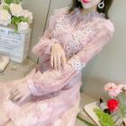 Long-sleeve Pleat-trim Midi A-line Lace Dress