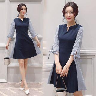 Stripe Panel Elbow-sleeve A-line Dress