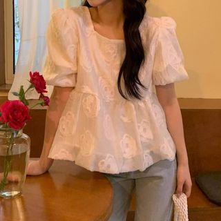 Puff-sleeve Square-neck Jacquard Top Almond - One Size