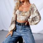 Leopard Print Square Neck Long Sleeve Cropped Top