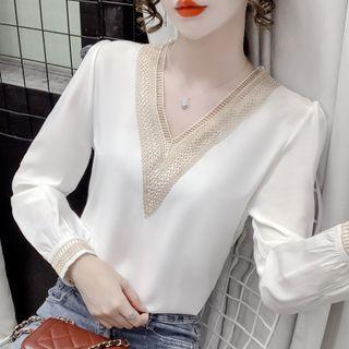 Long-sleeve V-neck Lace Trim Chiffon Blouse