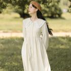 Long-sleeve Wide-collar Midi A-line Dress / Button-up Sweater Vest / Set