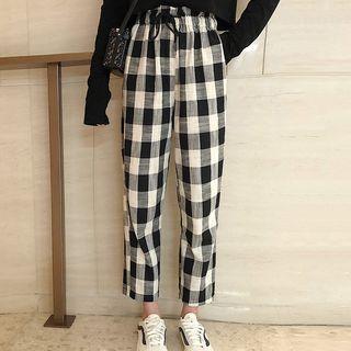 Long-sleeve Cropped T-shirt / Cropped Straight Cut Plaid Pants