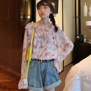 Floral Print Bell-sleeve Chiffon Blouse As Shown In Figure - One Size