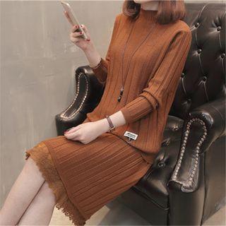 Set: Mock-neck Sweater + Lace-hem Knit Midi Skirt