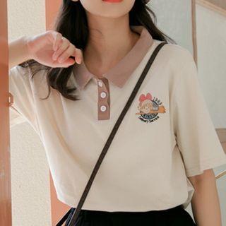 Cartoon Embroidered Short-sleeve Polo Shirt / Straight-cut Shorts