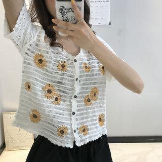 Flower Embroidered Short-sleeve Pointelle Knit Top