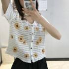 Flower Embroidered Short-sleeve Pointelle Knit Top