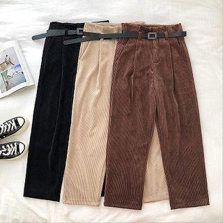 Plain Corduroy High-waist Cropped Pants With Belt