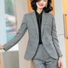 Set: Double-breasted Plaid Blazer + Straight-cut Pants + Shirt