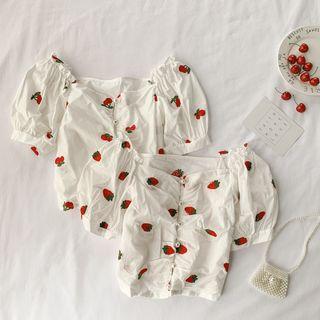 Square-neck Fruit Embroidered Puff-sleeve Top