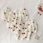 Square-neck Fruit Embroidered Puff-sleeve Top