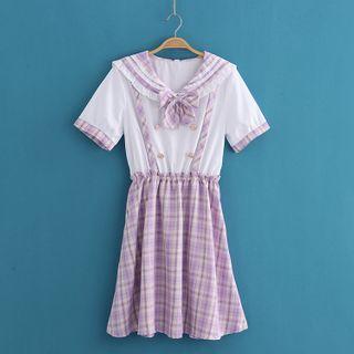 Mock Two-piece Tie-neck Gingham Dress