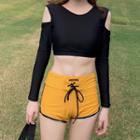 Set: Cold-shoulder Long-sleeve Cropped Swim Top + Swim Shorts
