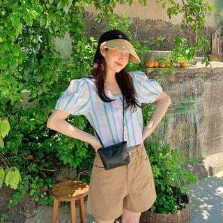 Puff-sleeve Plaid Crop Blouse