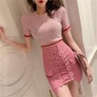 Short-sleeve Contrast Trim Top / Mini Lace-up Knit Skirt