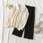 Bow-accent Long-sleeve Blouse / Loose-fit Pants