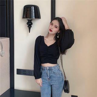 Balloon-sleeve Ruched Cropped Top
