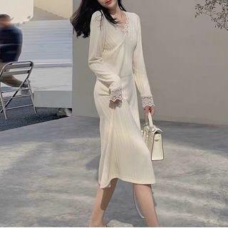 V-neck Lace Trim Knit Midi A-line Dress